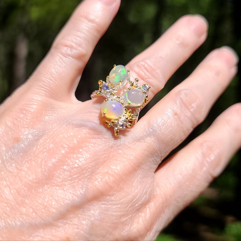 STUNNING Three Queens Opal & Tanzanite floral cocktail ring sz 7.5 - Picture 9 of 9